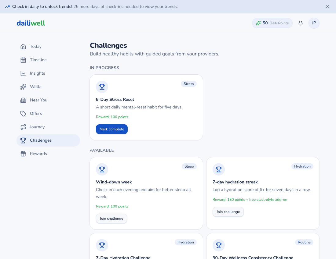 Wellness challenges with progress tracking and achievement badges
