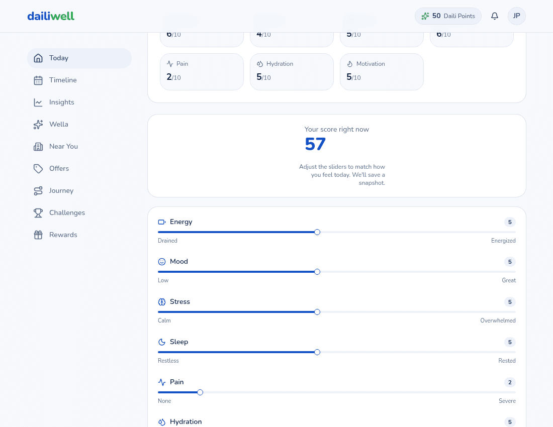Daily wellness check-in interface with mood selector, sleep quality, and energy level