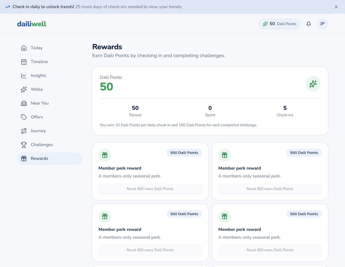 Rewards system showing Daili Points balance and redeemable wellness perks
