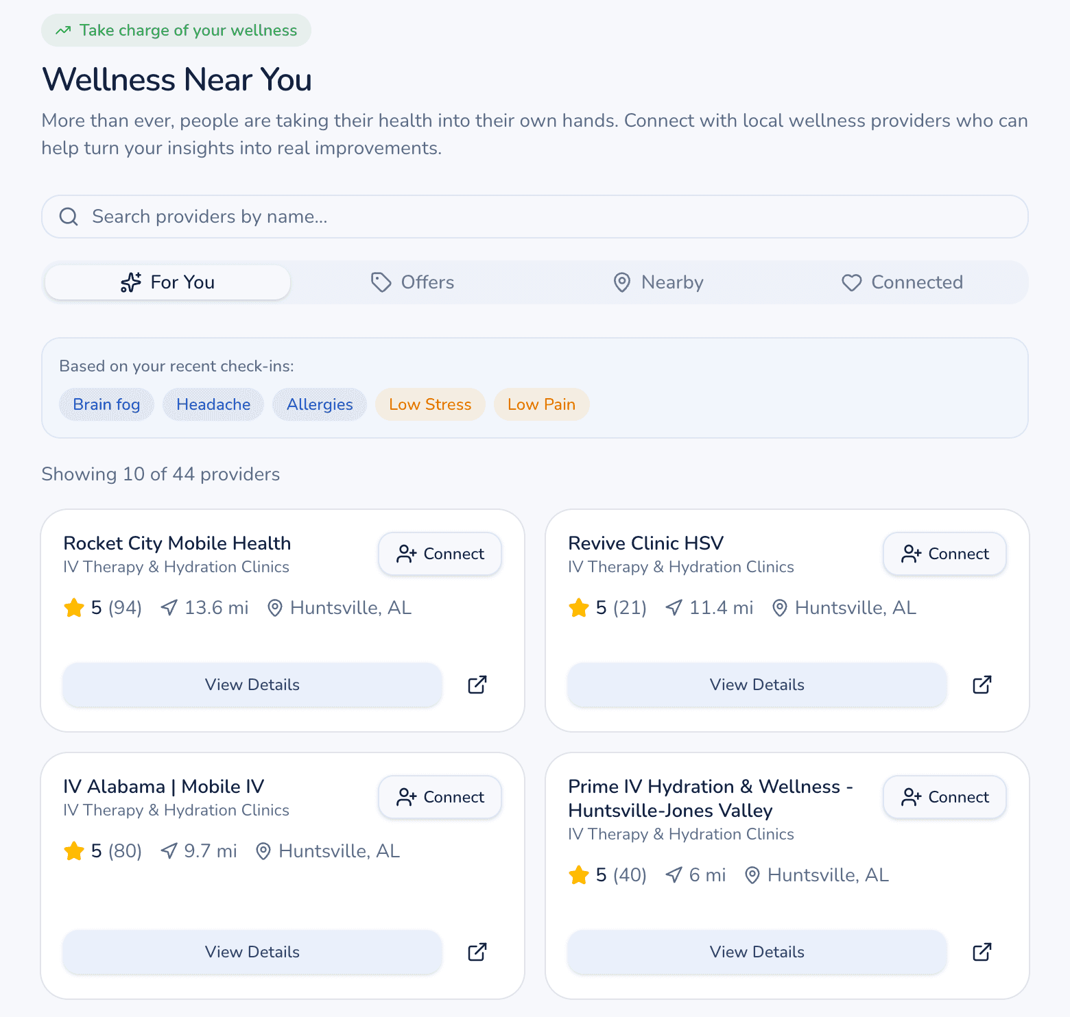 Wellness Near You showing local IV therapy providers including Rocket City Mobile Health, Revive Clinic HSV, IV Alabama, and Prime IV Hydration with ratings, distances, and connect options